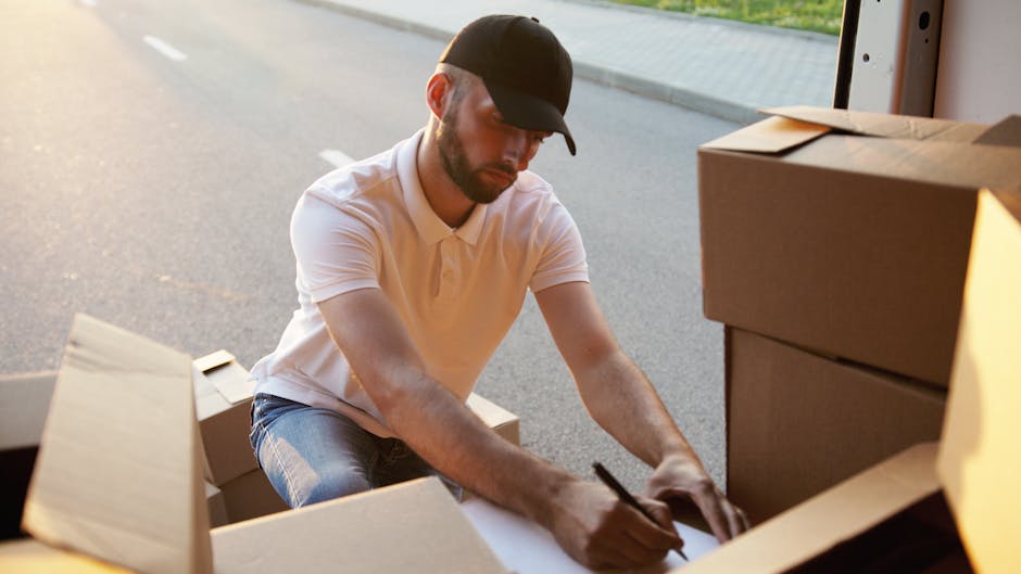 A man with a beard and wearing a black cap, white polo shirt, and jeans is kneeling on the pavement next to an open cardboard box, using a marker to label the box during a home relocation process. Behind him, there are multiple stacked cardboard boxes, some partially open, containing packing materials such as plastic wrap and paper. The boxes are arranged nearby, ready for loading into a van, which is visible with its open side door revealing the interior. The setting appears to be outside a property, with the van parked close to the entrance on a paved surface, under natural daylight. This scene captures a stage of packing and furniture transport during a professional removals service, as provided by Man with Van Lewisham, supporting efficient packing and loading for a house removal.